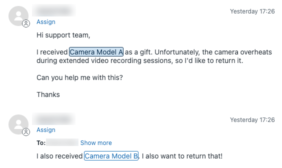 Plusieurs valeurs d'entité mises en évidence dans un ticket Zendesk