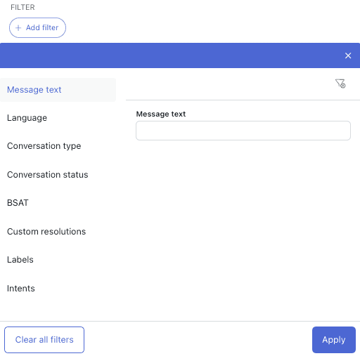 Filter panel for refining conversation logs by message text, type, status, and intents