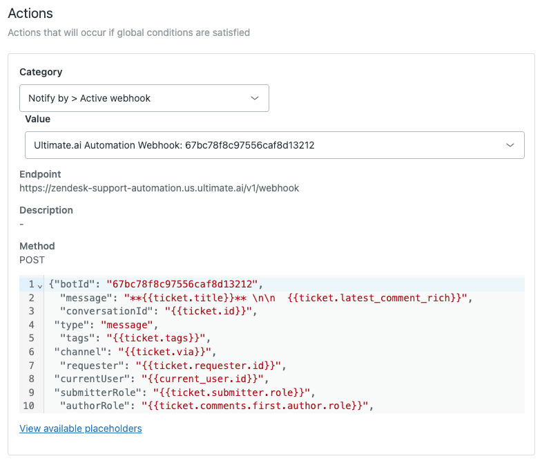 Zendesk automation action configuration panel with webhook setup
