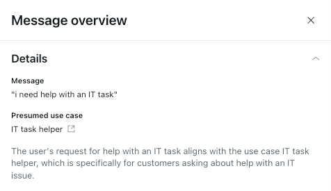 Nachrichtenübersichtsbereich mit Inhalts- und mutmaßlichen Anwendungsfall-Metadaten