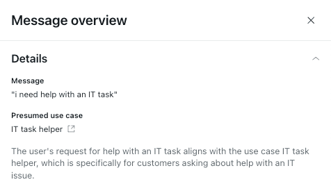 Message overview panel showing content and presumed use case metadata