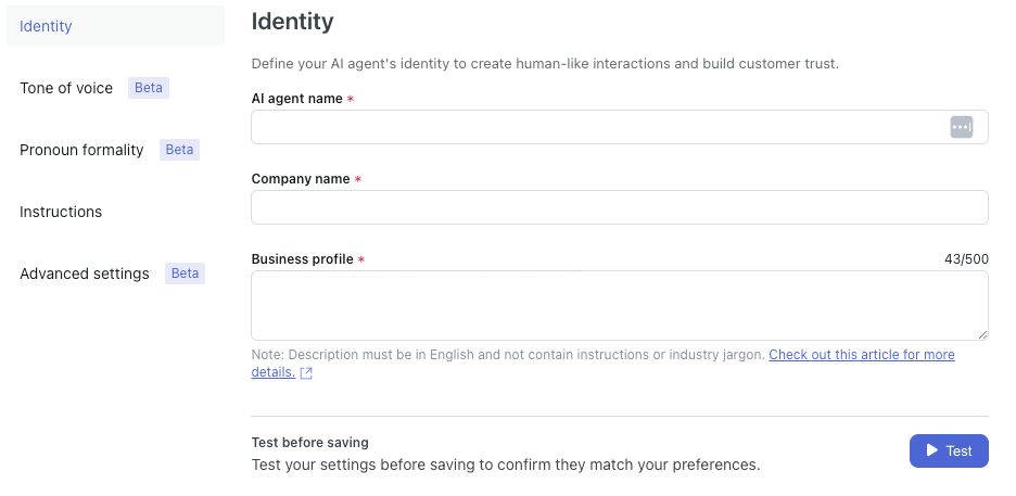 Zendesk AI agent identity settings with name, company, and profile fields