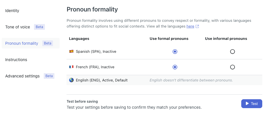 Zendesk AI pronoun formality settings for multiple languages