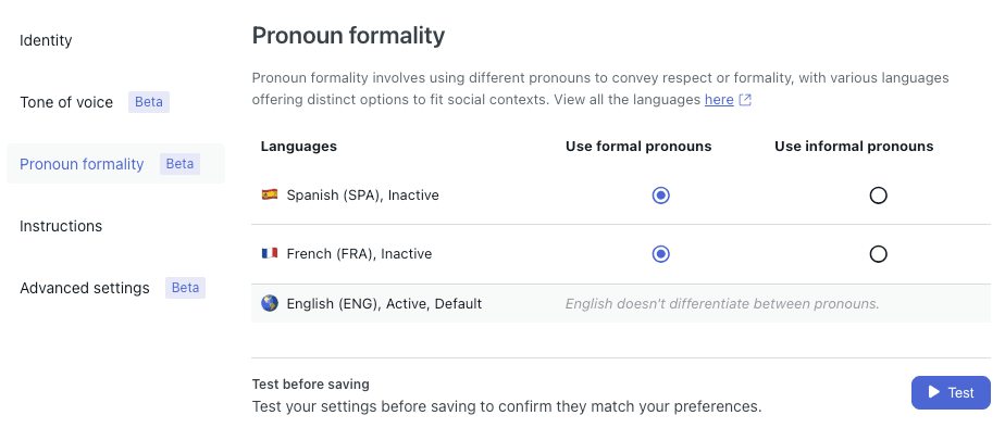 Zendesk AI pronoun formality settings for multiple languages