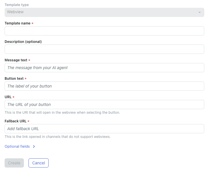 Template creation form for AI agents with structured message fields