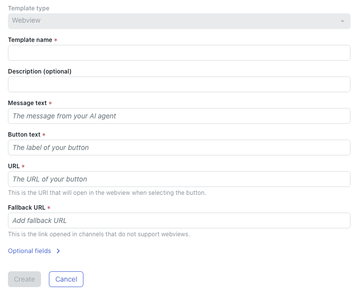AI agent structured message template configuration with type, text, and button options