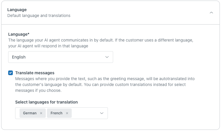 AI agent language configuration panel with default language dropdown