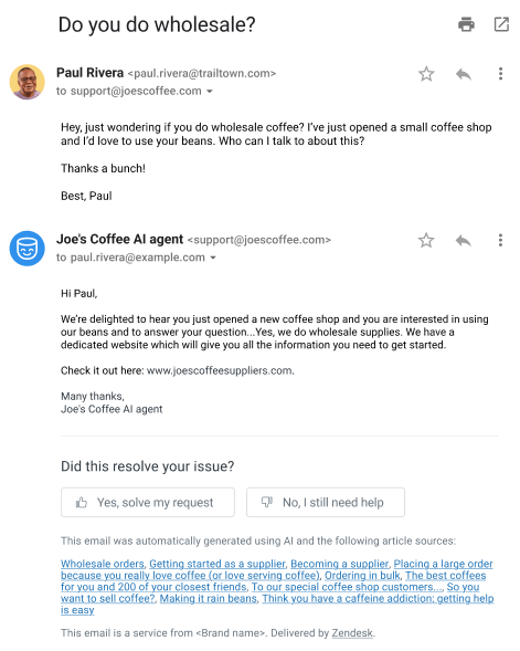 El sistema de respuesta automatizada de correo electrónico de Zendesk demuestra la respuesta de un agente de IA a una consulta de un cliente y una encuesta de satisfacción.