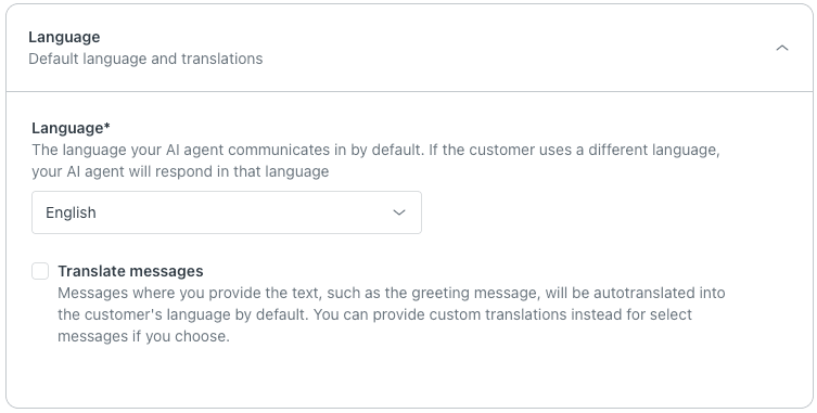 Language settings panel for default language and automatic message translation