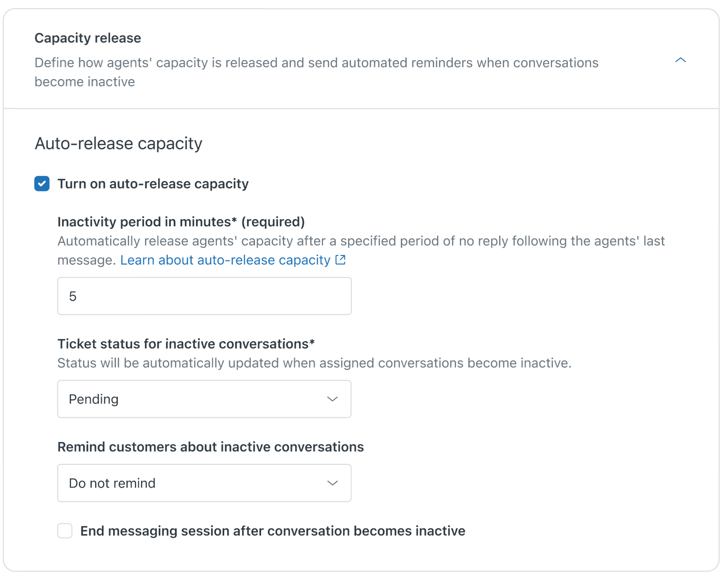 Zendesk messaging inactivity settings for agent capacity and ticket status