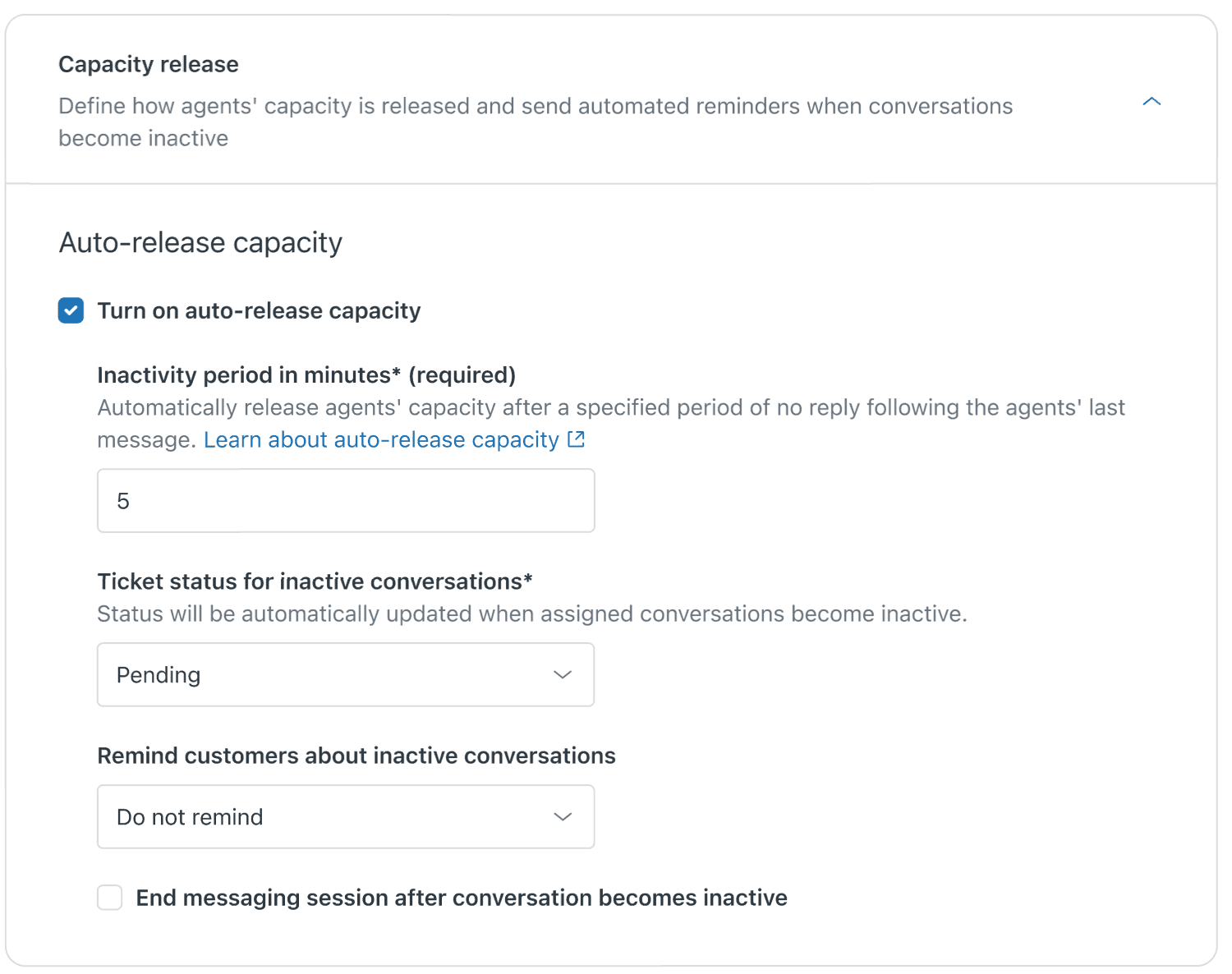 Configurações de inatividade do Zendesk Messaging para capacidade do agente e status do ticket