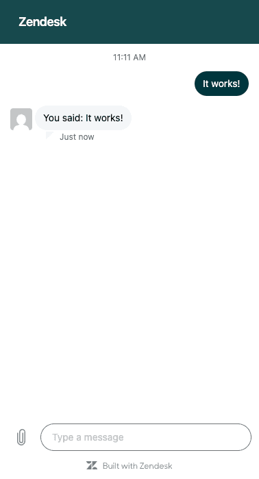Widget de chat web do Zendesk com mensagem do usuário e resposta automática