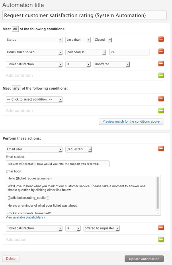 Zendesk Admin Center automation configuration interface