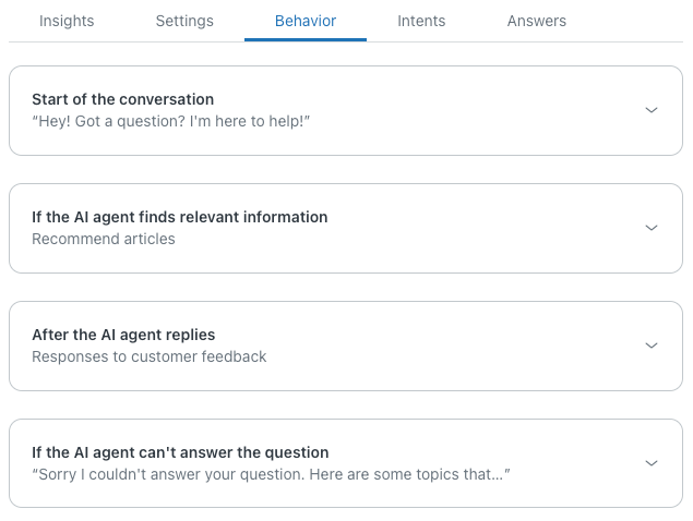 Panneau de configuration du comportement de l'agent IA, mettant en évidence les paramètres 'Début de la conversation'.