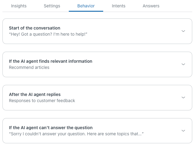 AI agent's behavior configuration panel, highlighting the 'Start of the conversation' settings.