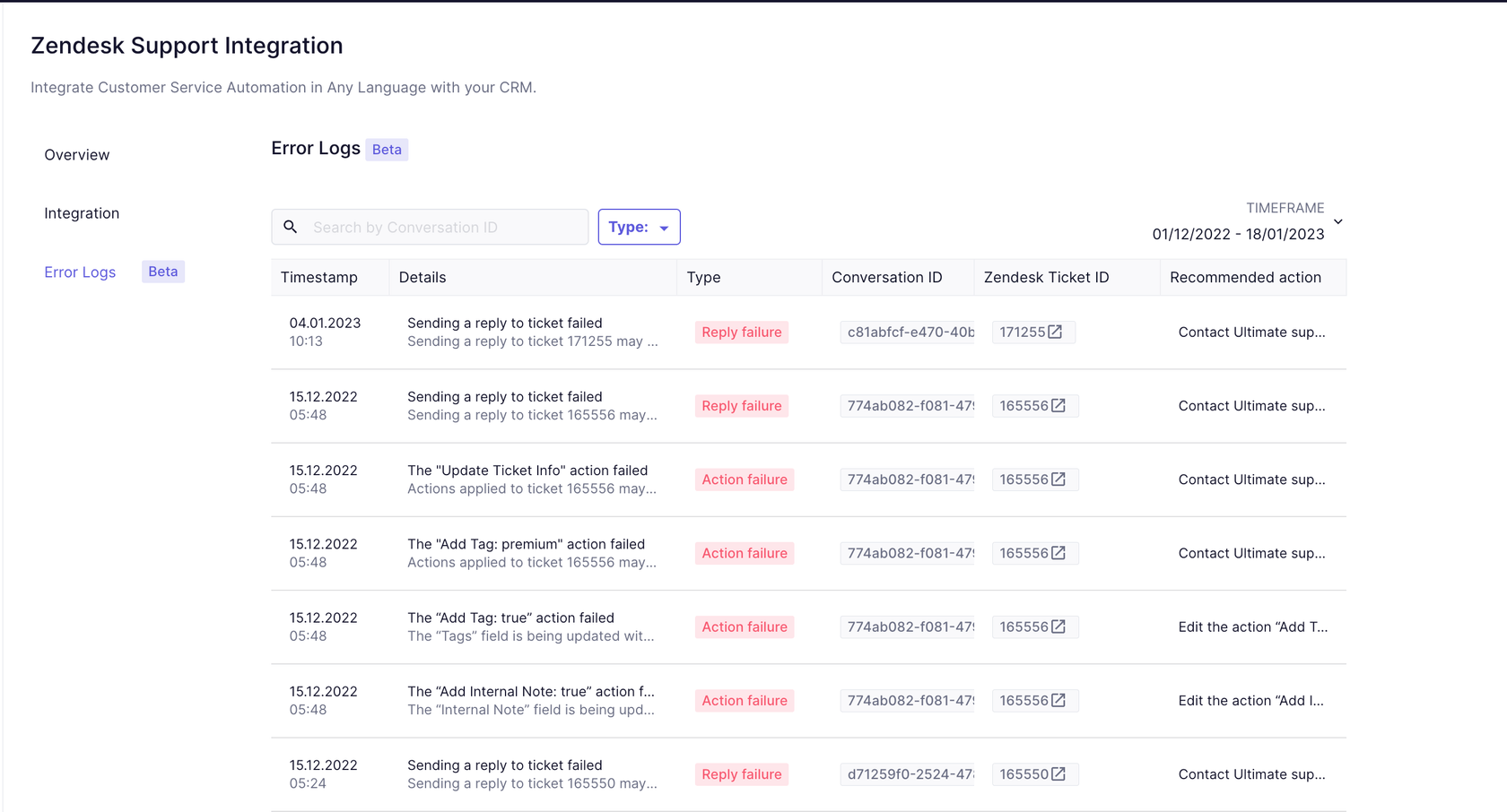 Zendesk Support-Integrationsfehlerprotokolle mit Zeitstempeln und empfohlenen Aktionen