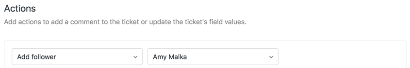 Zendesk trigger creation interface showing the 'Add follower' action