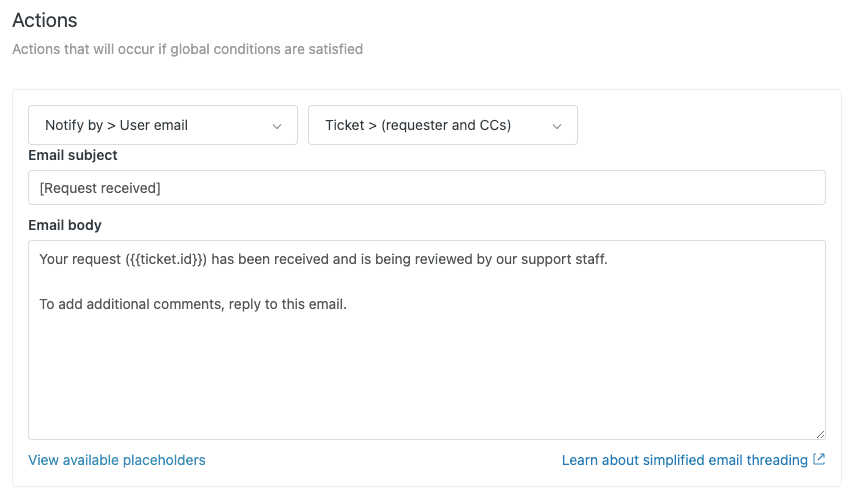Zendesk trigger action interface showing email notification customization options