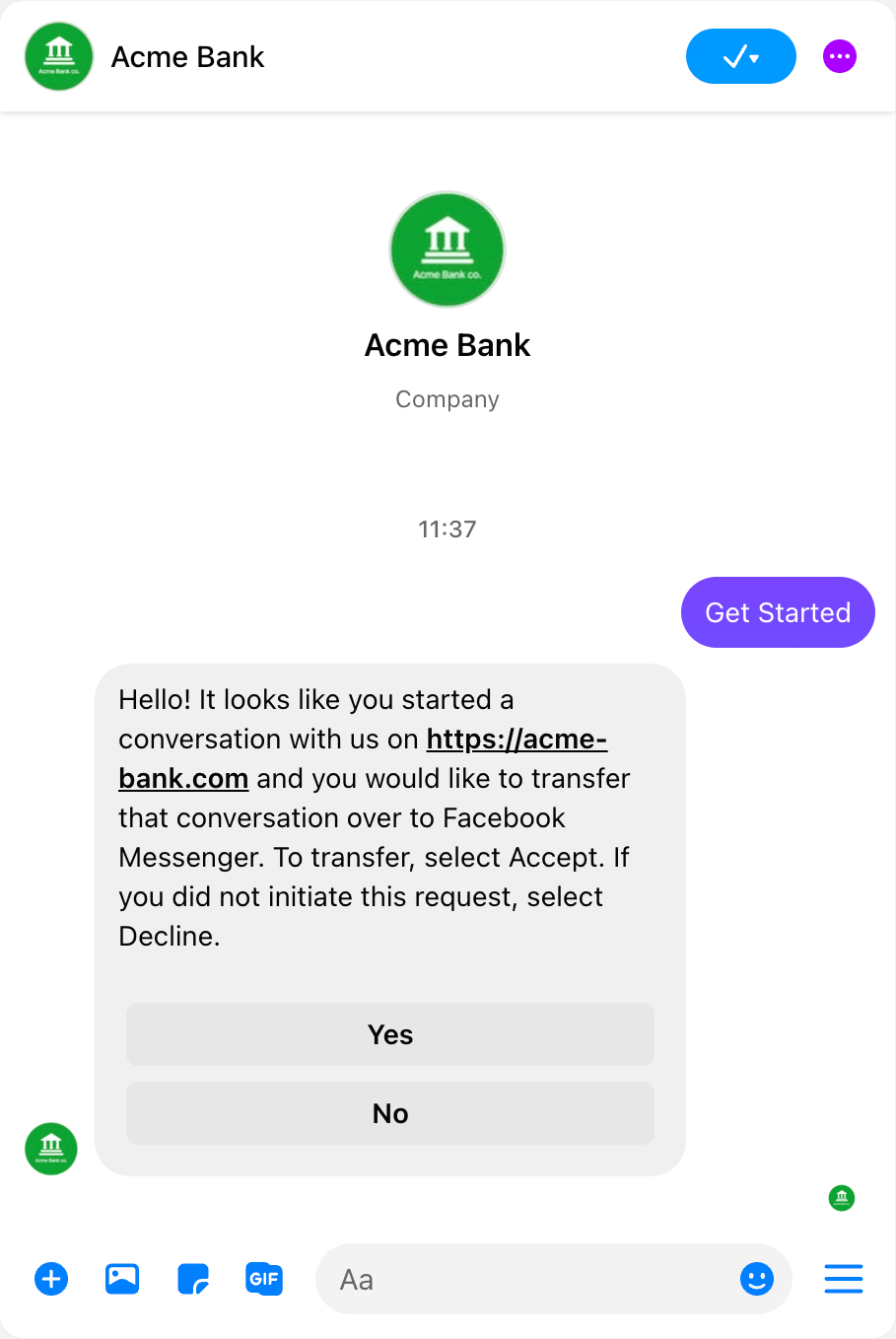 Chat interface showing web widget to Facebook Messenger transfer option