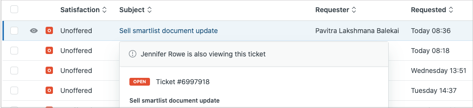 別のエージェントのリアルタイムプレゼンスを示す目のアイコンが付いたZendeskチケットリスト