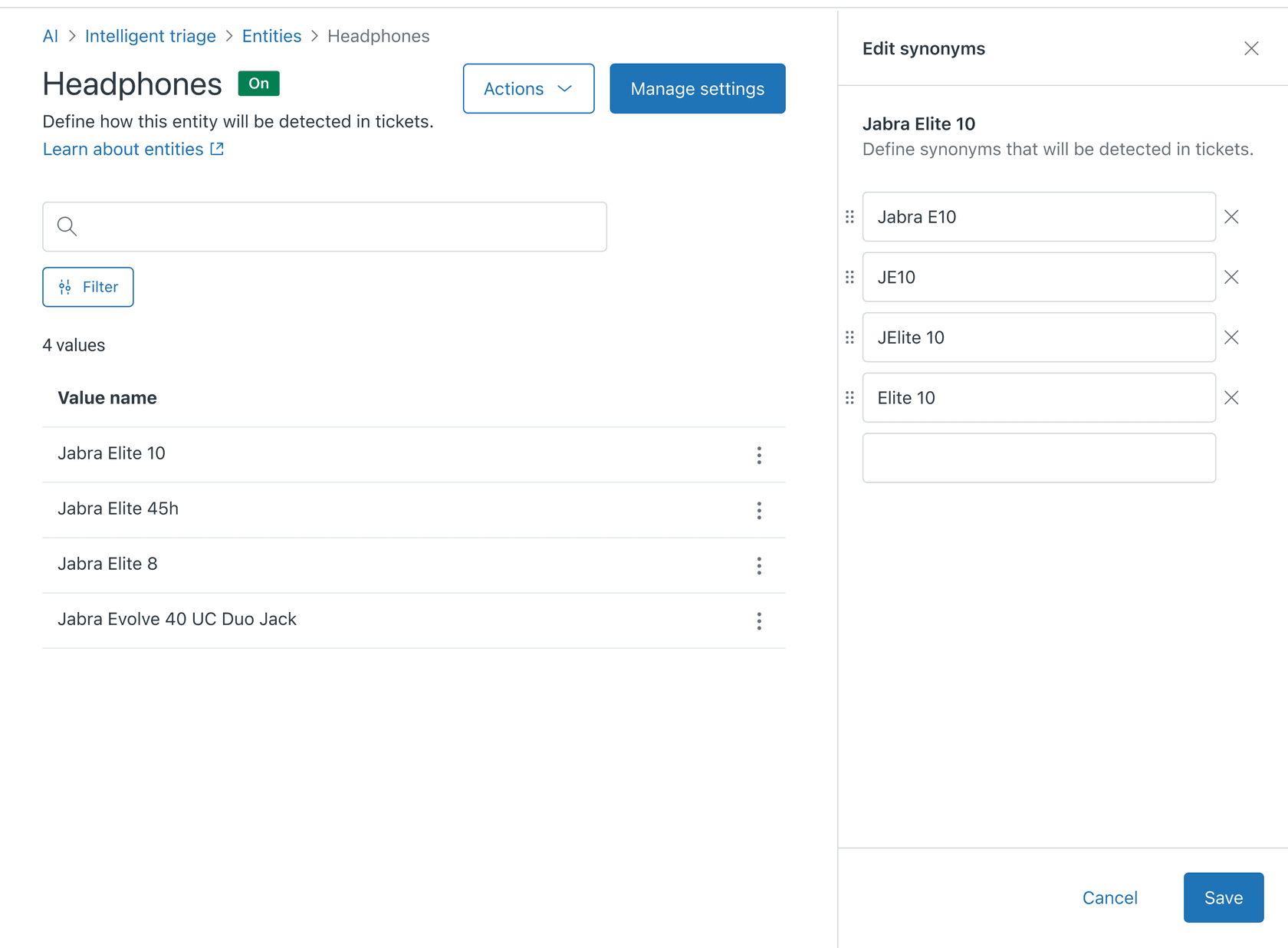 Interface de gerenciamento de sinônimos de entidade no Zendesk