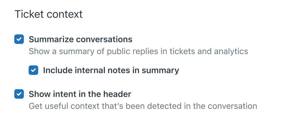 Zendesk Admin Center AI settings panel for configuring ticket summarization and intent detection