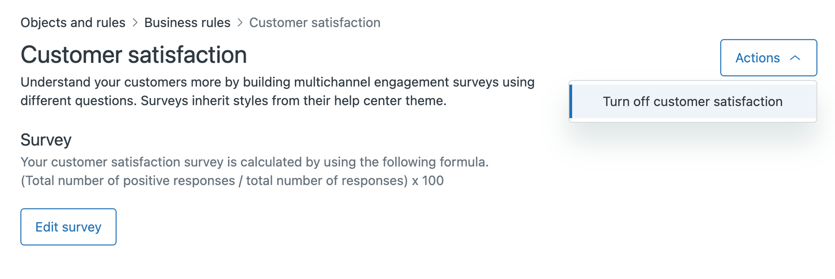 Paramètres de satisfaction client du Centre d'administration Zendesk affichant le bouton d'activation