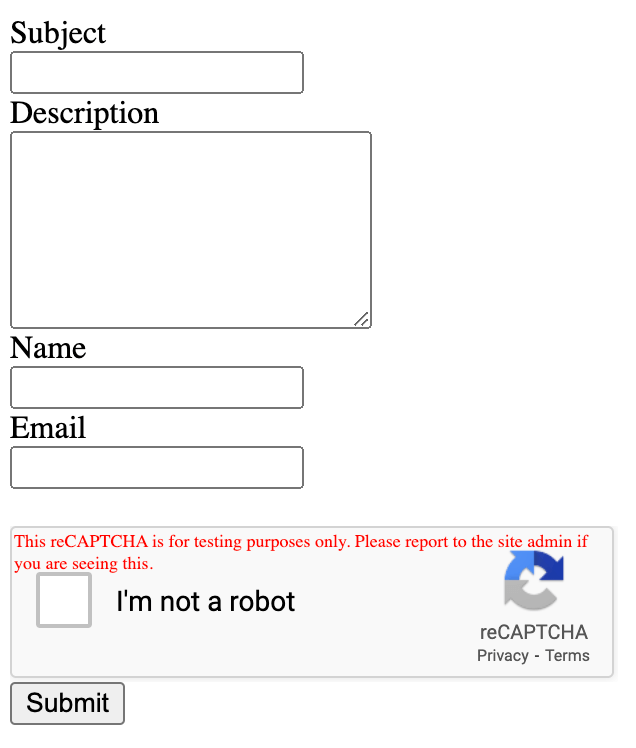 Una interfaz de formulario de envío de tickets personalizada, con campos para el asunto, la descripción y los datos de contacto del usuario, junto con una verificación reCAPTCHA.