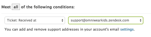 Zendesk rule builder with "Ticket: received at" condition for routing based on support address