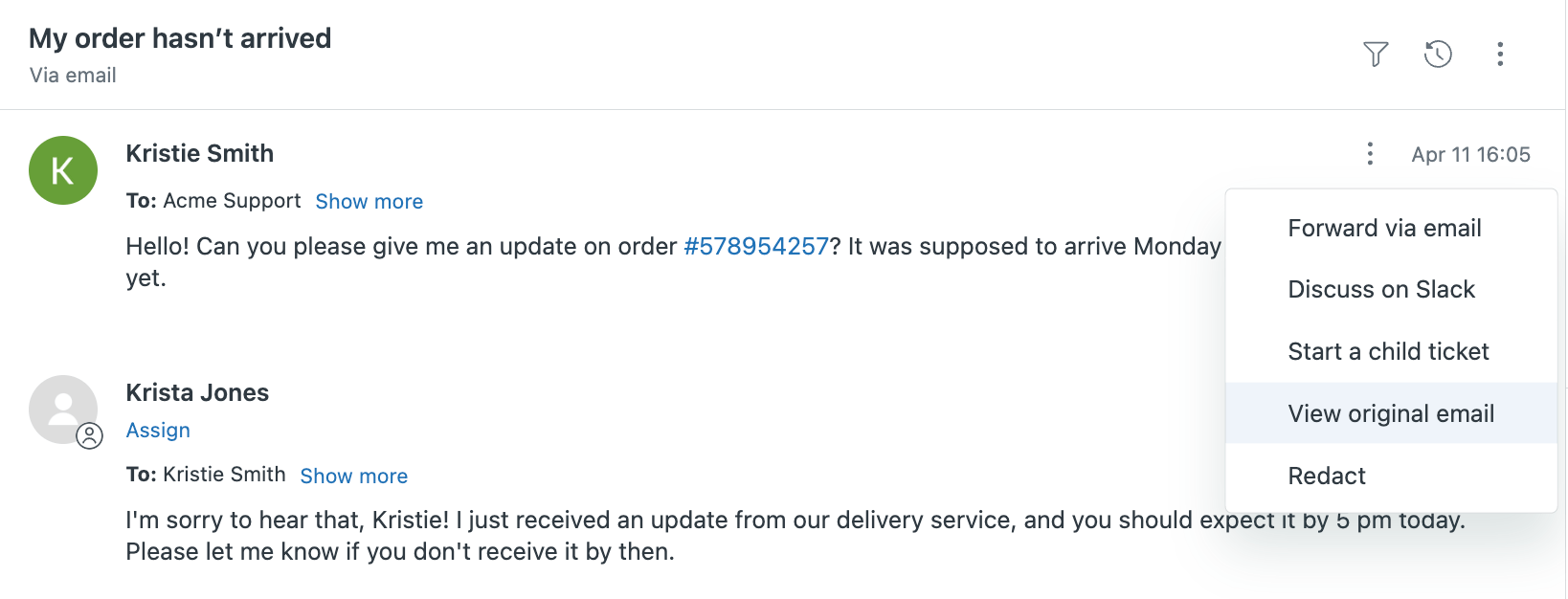 Ticket view showing email conversation history and management options