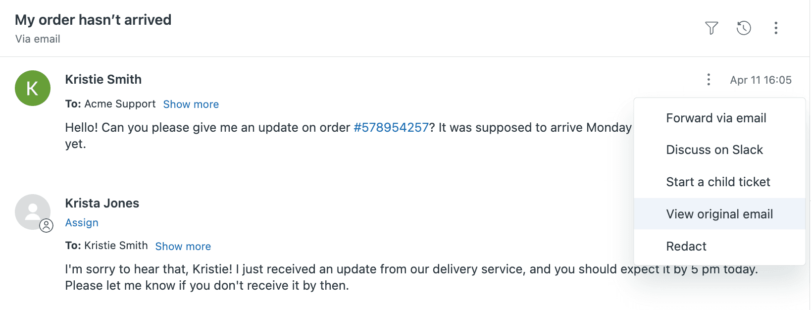 Ticket view showing email conversation history and management options
