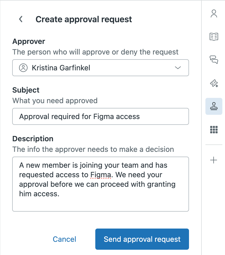 The Agent Workspace's approval request creation panel, displaying an approver selection dropdown and form fields for subject and description.