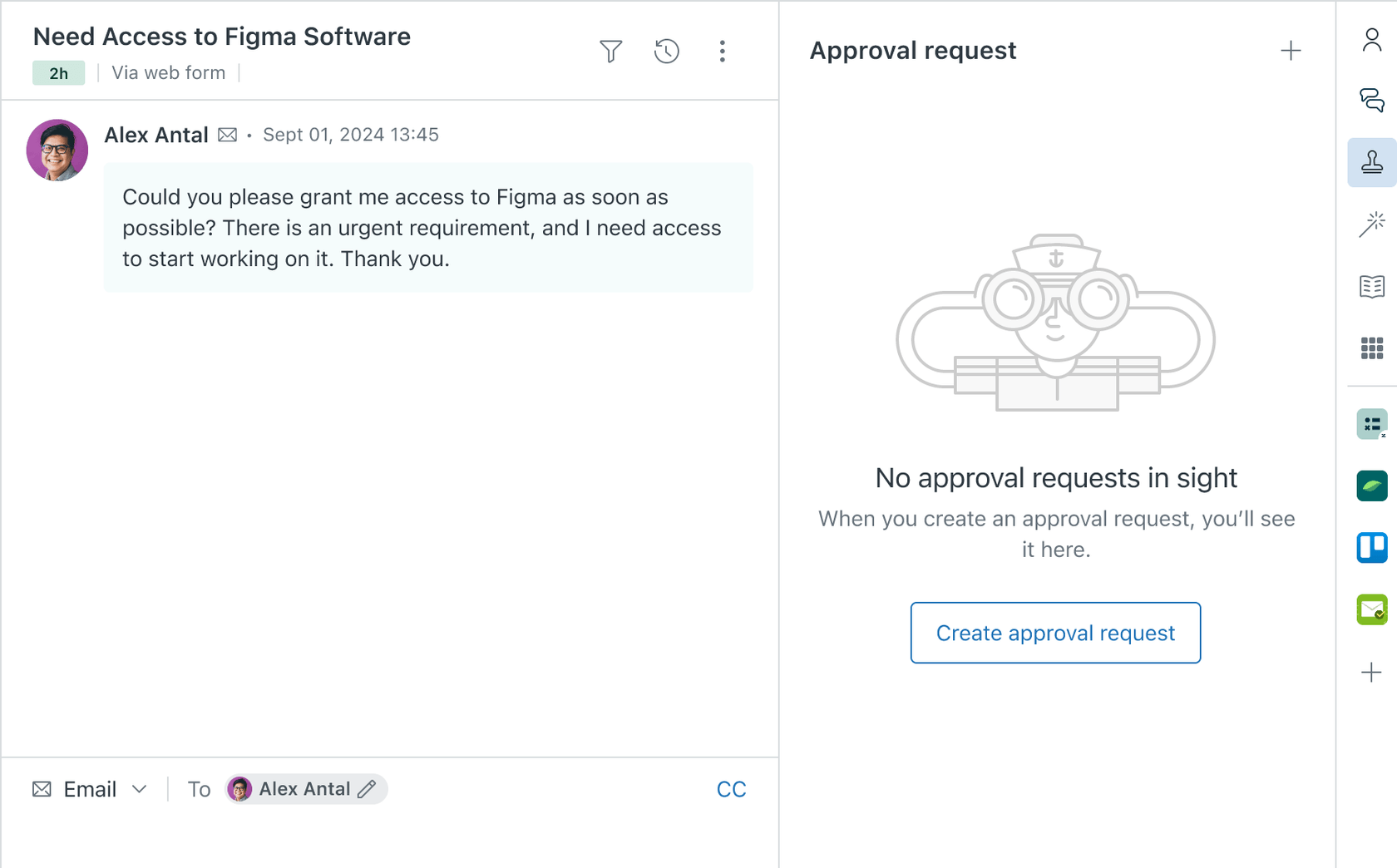 Painel de contexto do Zendesk exibindo a interface de solicitação de aprovação e seu ícone correspondente.