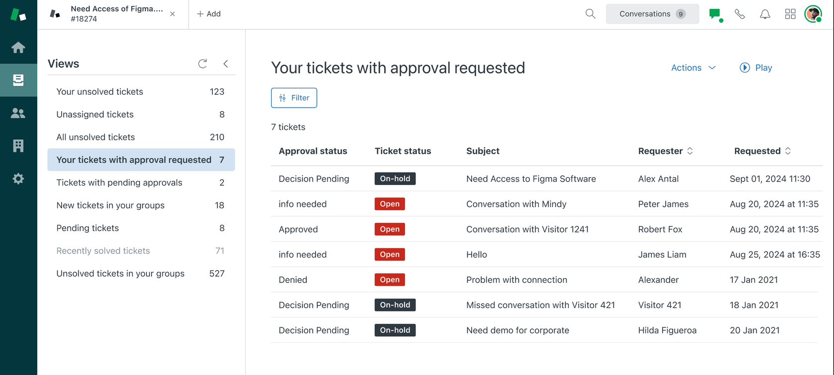 Visualização do status da solicitação de aprovação do Zendesk exibindo tickets com status pendente, aprovado e negado.