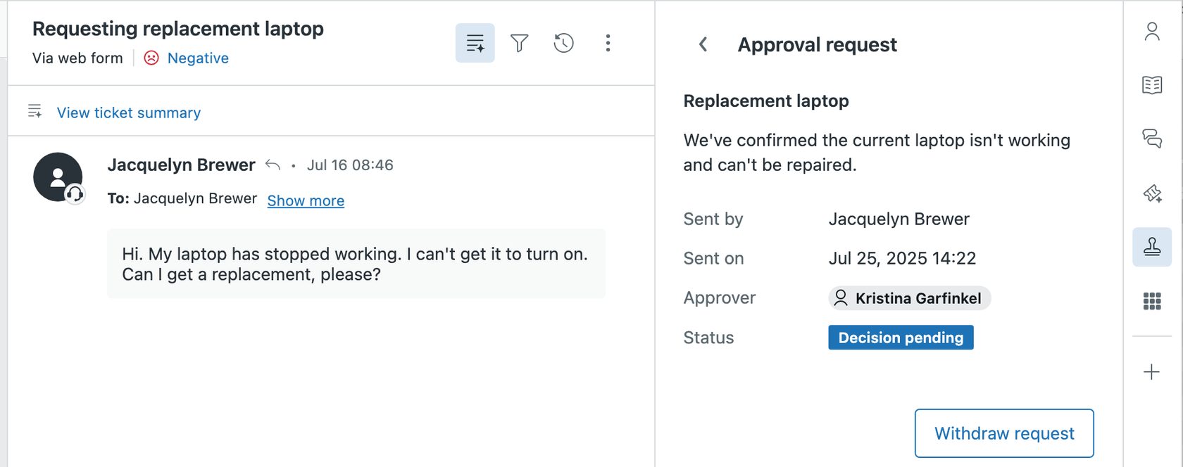 Interface de ticket do Zendesk exibindo uma solicitação de aprovação para um laptop de substituição, mostrando o status 'Decisão pendente' e o aprovador atribuído.