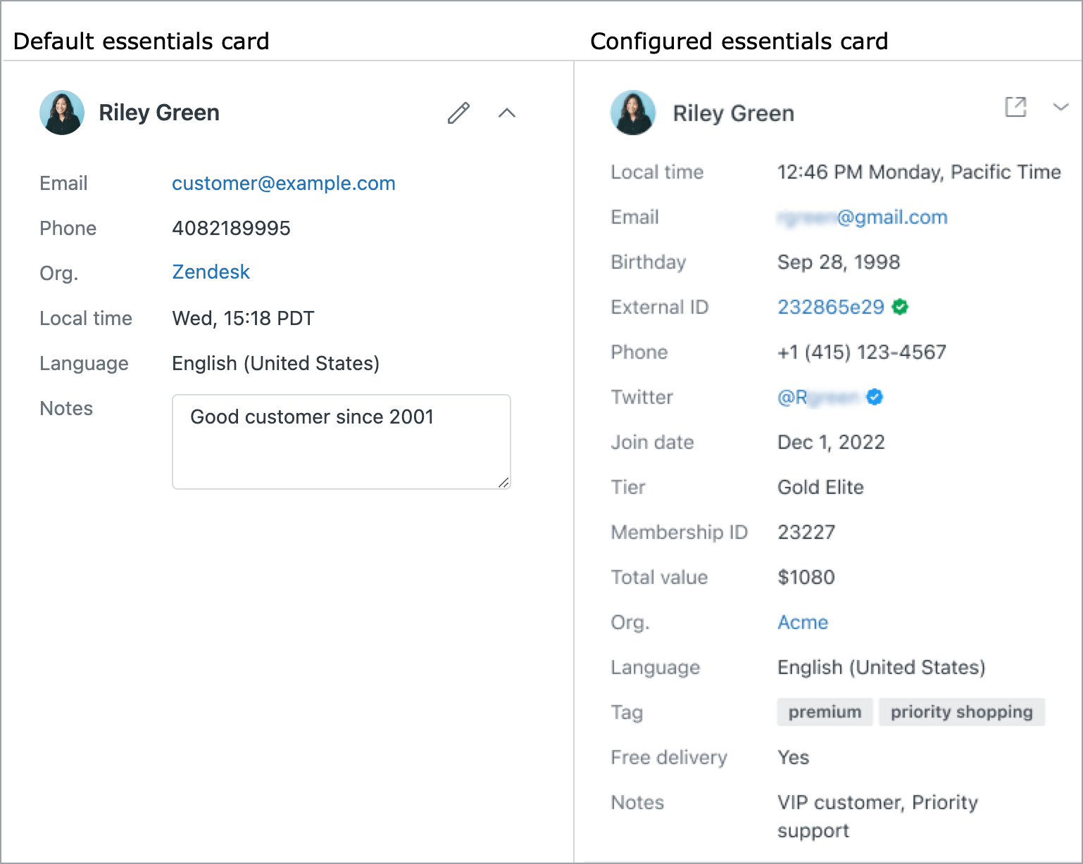 Agent Workspace comparison showing default and configured customer context cards with custom user fields