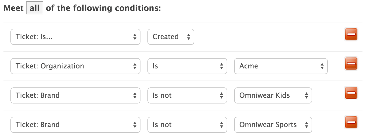 Interface de configuration des règles définissant des déclencheurs spécifiques à la marque et des conditions organisationnelles pour les processus métier automatisés.