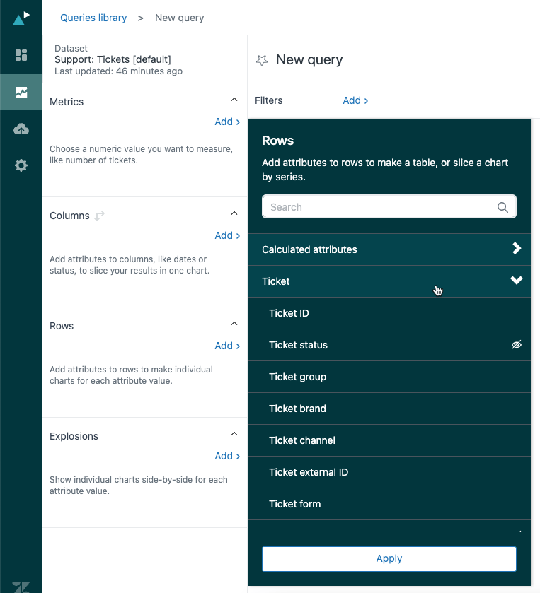 Explore report builder showing dataset selection and attribute configuration