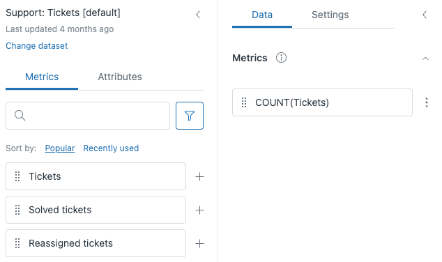 Interface do construtor de relatórios com seleção de conjunto de dados e configuração de métricas