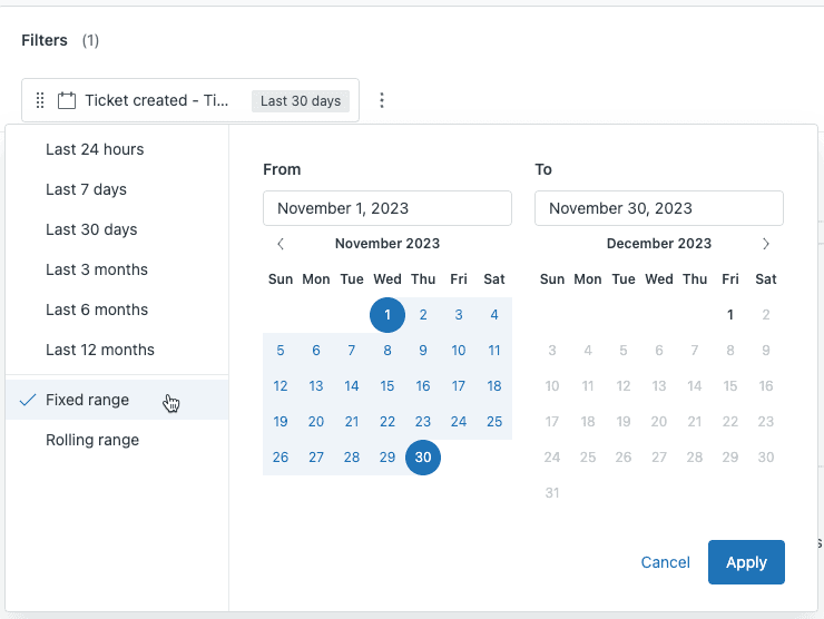 Painel de filtro de intervalo de datas com opções de intervalo fixo e contínuo