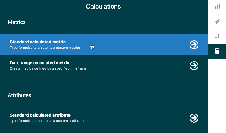 El menú Cálculos del constructor de informes, que destaca las opciones para crear métricas y atributos personalizados.