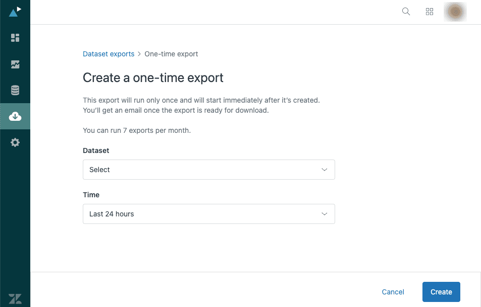 Zendesk Explore dataset export page with time range selection