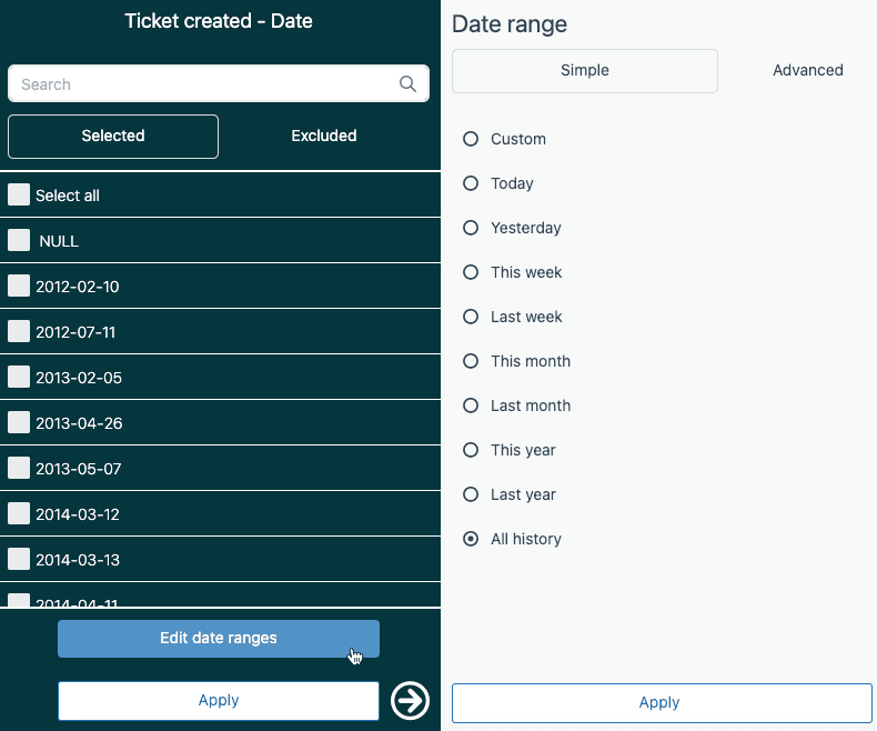 Interface de filtro de data com valores individuais e opções de intervalo predefinidas