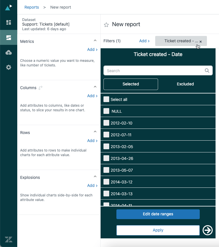 Data filter dropdown for selecting ticket date attributes