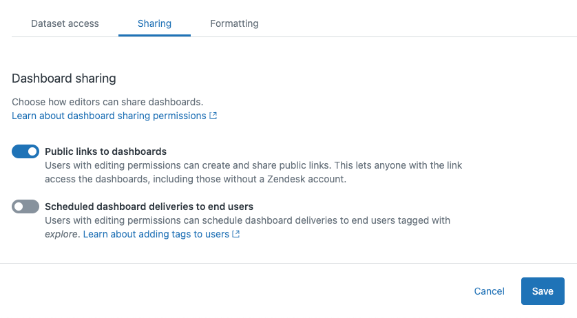 Zendesk Explore's dashboard sharing settings, highlighting the 'Public links to dashboards' toggle.