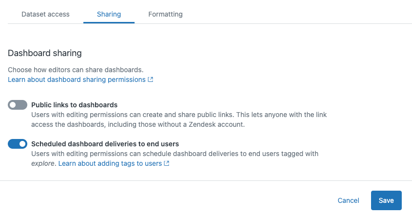 Le panneau des paramètres de partage de tableau de bord de Zendesk affichant les livraisons planifiées aux utilisateurs finaux étiquetés avec « explore ».