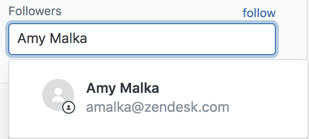 ユーザー選択のあるフォロワーフィールドを示すZendeskチケットプロパティパネル
