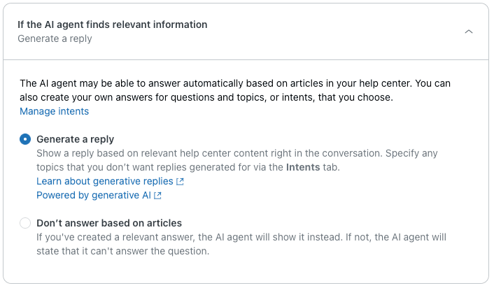 Panel de configuración del agente de IA con el botón de alternancia de respuesta generativa para la mensajería automatizada