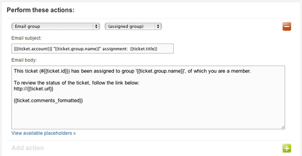 Zendesk Admin Center showing an automation or trigger action configured to email an assigned group.