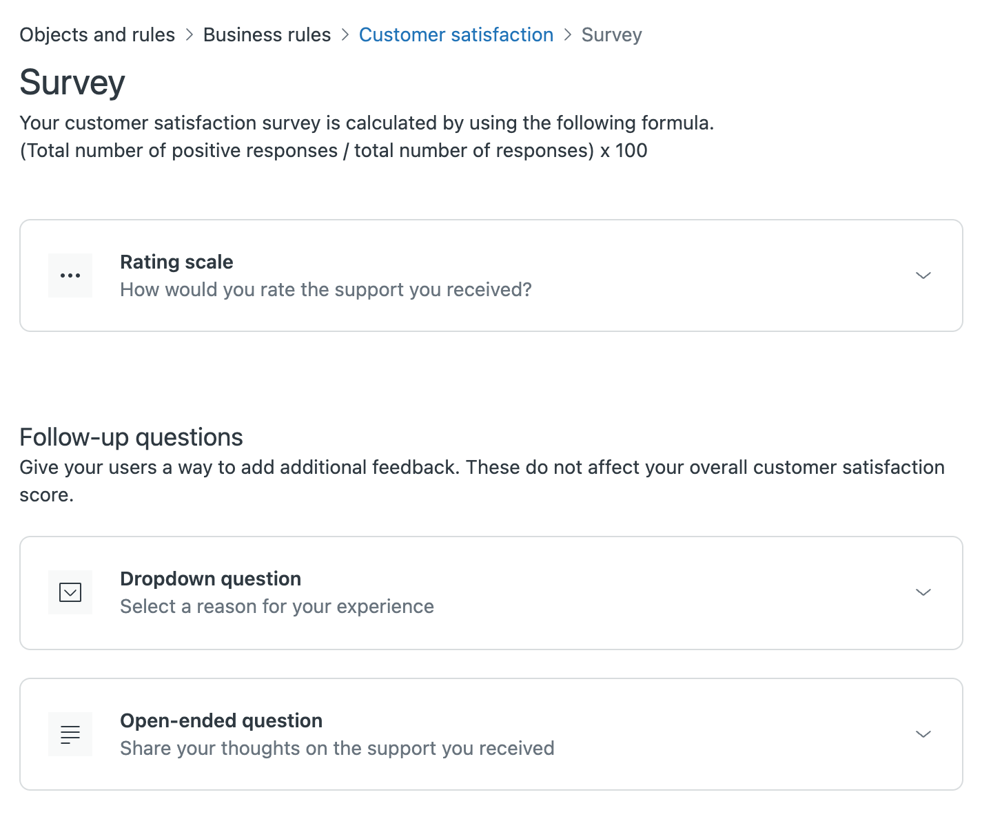 Paramètres de personnalisation du sondage CSAT Zendesk affichant le texte de la question et les options d'évaluation